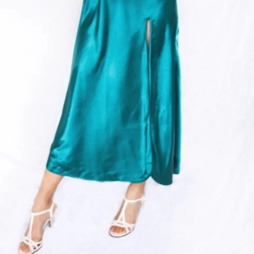 Gold Label Victoria's Secret Satin Teal Chemise with Lace & Slit - Size L - Picture 3 of 10